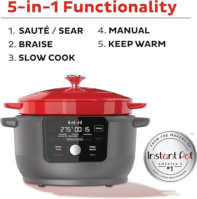 Instant Pot Electric Round Dutch Oven,6-Quart 1500W,From the Makers of Instant Pot,5-in-1: Braise,Slow Cook,Sear/Sauté,Food Warmer,Cooking Pan,Enameled Cast Iron,Included Recipe Book,Red