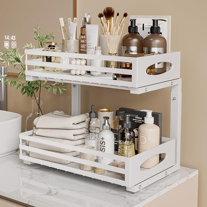 Under Sink Organizer, 2 Tier Under Sink Organizers and Storage, Adjustable Height, Slide out Metal Cabinet Organizers, Pull out Cabinet Storage Drawer Shelf for Kitchen Bathroom White 2Pack