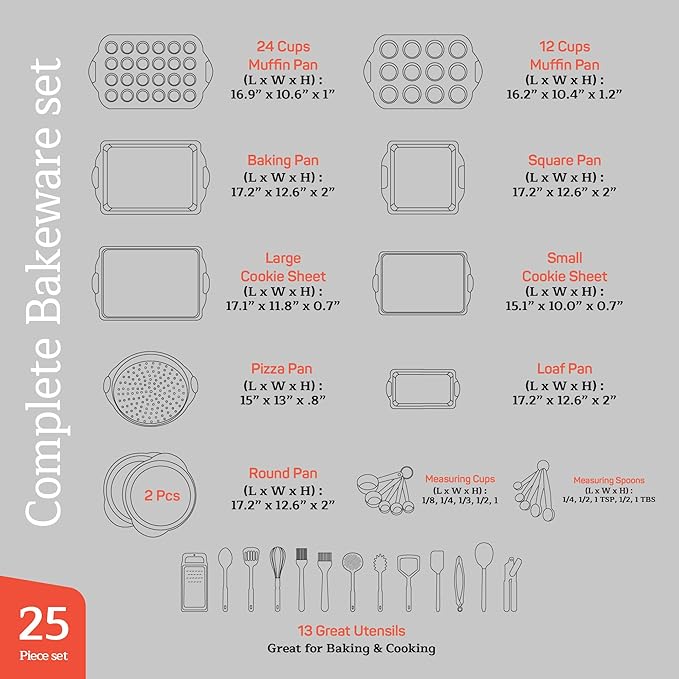 Baking Pan Set - Nonstick Coating, Carbon Steel Bakeware Set with Gray Silicone Handles, PFOA, PFOS, PTFE Free, Recipe Booklet Included, Oven Safe Tray (Up To 450° F), Set of 25 - Gray