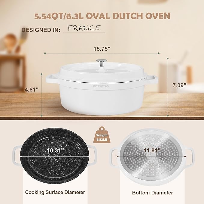 ROSSETTO 5.5QT Oval Dutch Oven Pot with Lid, Ceramic Dutch Oven with Silicone Assist Handle Holder, Dishwasher Safe, Oven Safe up to 450° F, Non-Stick & Non-Toxic Bread Dutch Oven with Lid for Baking,Brasing, Soups, Red