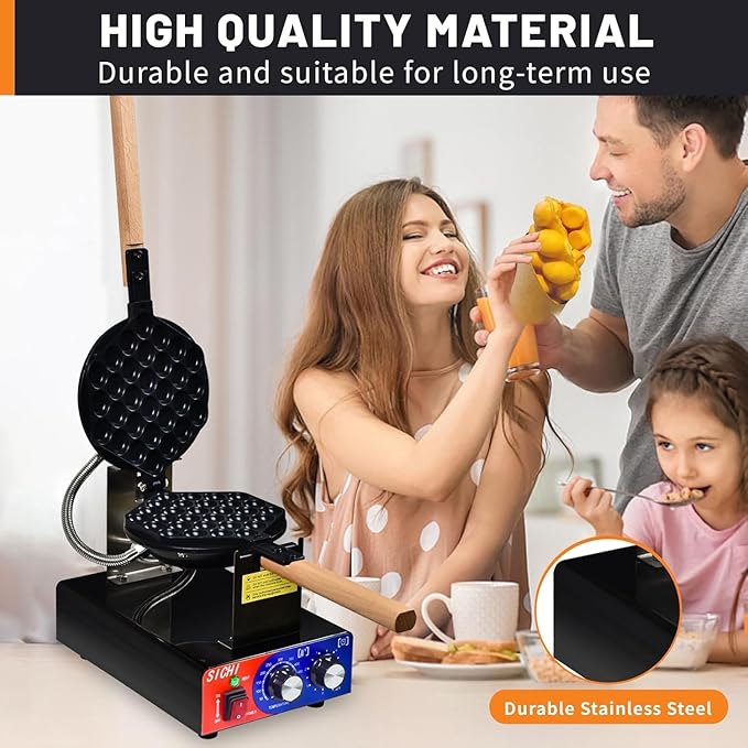 Bubble Waffle Maker - Commercial Egg Waffle Maker w/Non-stick, Temperature and Timers, 1400W Hong Kong Egg Waffle Iron w/Rotating Baking Pan, Stainless Steel Bubble Waffle Machine Restaurants