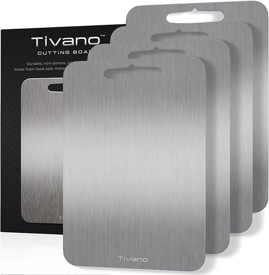Original Tivano TitaniumShield Cutting Board 12"x8" Metal Pro | Ultra Durable, Dishwasher Safe, Heat Resistant, Odor & Stain Free, Knife Friendly, Non Toxic Kitchen Board (4)