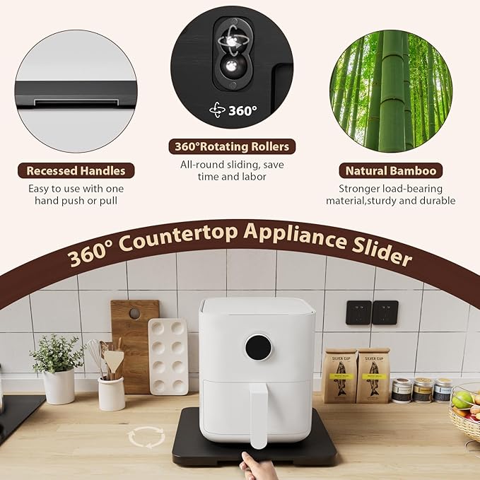GuanQiao 360° Rotation Appliance Slider for Coffee Maker & Heavy Kitchen Appliance, Bamboo Rolling Tray for kitchen Counter, Sliding Tray with Premium Wheels (Black, 13.9"× 9.4")