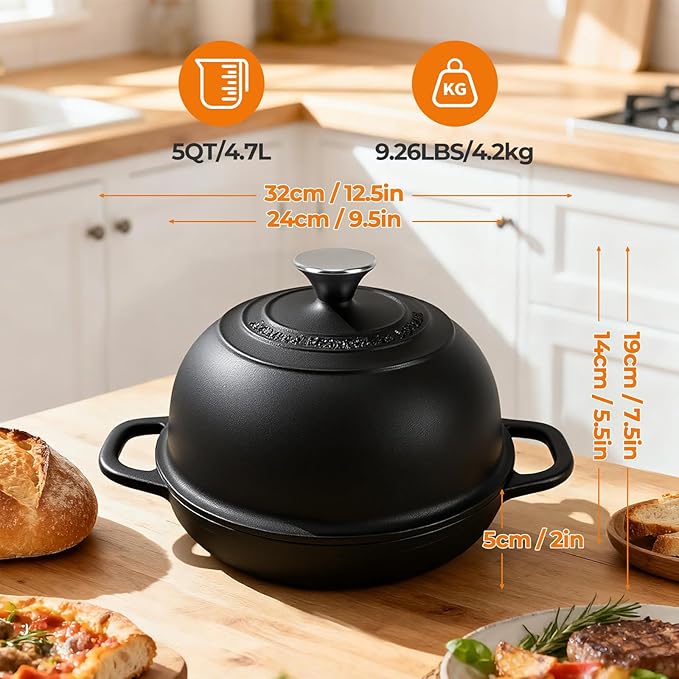 5QT Pre-Seasoned Cast Iron Dutch Oven For Bread Baking, Dutch Oven with Domed Lid, Sourdough Bread Baking Supplies, Multi-Functional Bread Pan For Baking, Frying, Roasting