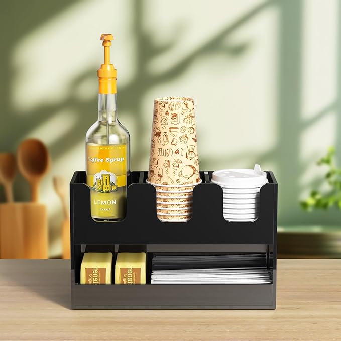 Beego 4-Compartment Cup Holder for Countertop - 2-Tier Black Acrylic Cup Dispenser Coffee Station Paper Cup and Lid Organizer Condiment Storage for Restaurant Breakroom Kitchen Bar Accessories