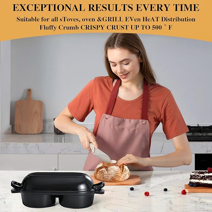 Double Dutch Oven for Sourdough Bread Baking, Enamelled Cast Iron Bread Loaf Pot with Lid, Double Round Loaf Space, 16.5cm Diameter, Mini Double Dutch Oven for Homemade Baking