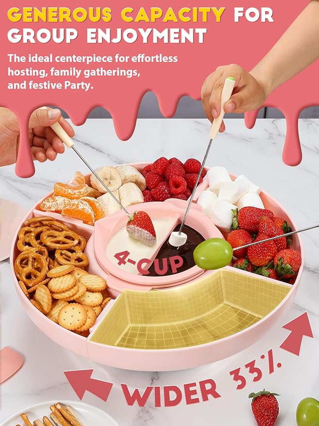 Chocolate Fondue Pot Set Electric Melting Machine, 4-Cup Capacity 4 Trays 5 Forks 1 Spatula Cheese Warmer, Ideal Gift for Couple Family & Date Night Idea House Warming Holidays Essentials