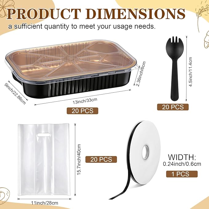 20 Sets 9 x 13 Inch large Loaf Cake Pans with Lids and Spoons Rectangle Aluminum Foil Bread Loaf Baking Pans Disposable big Cake Tins with Clear Plastic Bags and Ribbon, Black Gold, 118.3 oz