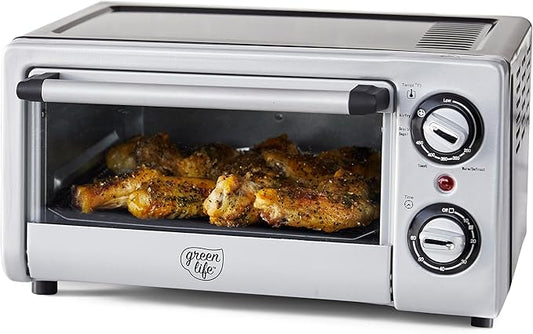 GreenLife Countertop Toaster Oven Air Fryer Stainless Steel, Healthy Ceramic Nonstick, PFAS Free, Tray & Basket, Bake, Broil, Reheat, Adjustable Temp & Time Control, Auto Shutoff, Black