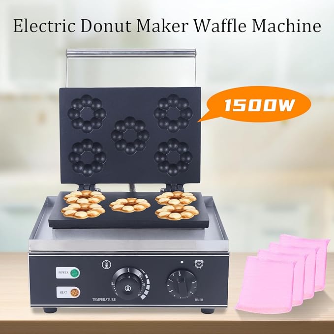 Donut Maker 1500W Donut Waffle Baking Machine Commercial Set 5 Dounts Maker Waffle Maker Non Stick Plates Detachable Dessert Toaster Perfect for Breakfast Dessert Shop