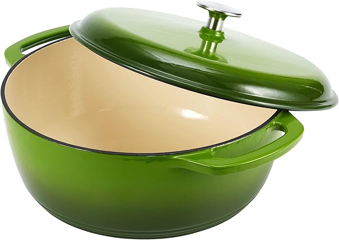 Amazon Basics Enameled Cast Iron Dutch Oven Pot with Lid, Oven Safe, Heavy-Duty, Dual Handles for Baking, Roasting, Stews, Easy to Clean, 7.3-Quart, Green