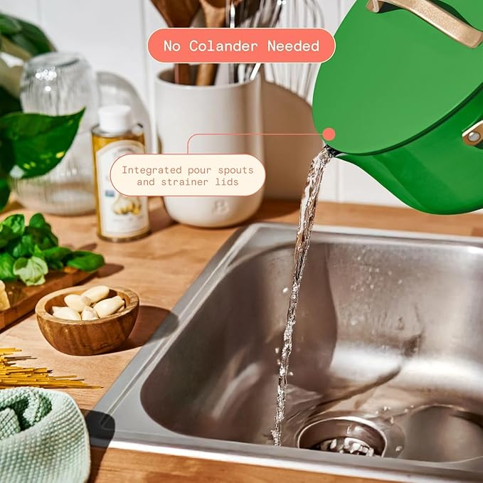 Pans12pc Ceramic Non-Stick Cookware Set by Drew Barrymore, Pots & Pans with Lids, Dishwasher‑Safe,Soft‑Touch Handles, Even‑Heat Base. (Kelly Green)