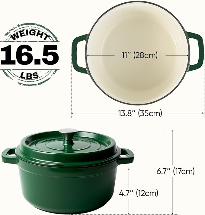 6.5 Quart Dutch Oven Pot with Lid, Non Stick Enameled Cast Iron Dutch Oven for Bread Baking, Heavy-Duty, Oven Safe Ceramic Cookware Up to 500°F for Baking, Braising, Stews, Roasting, Green