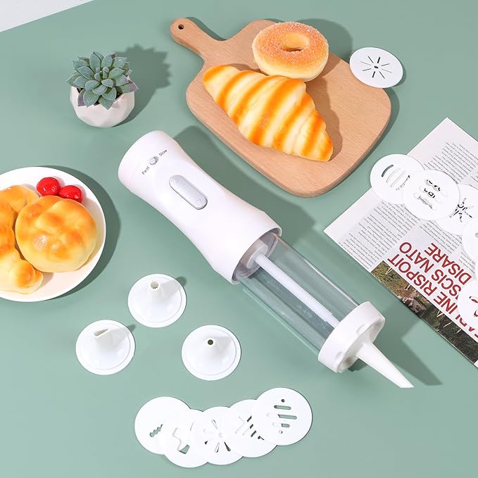 Electric Cookie Press Gun，DIY Cookies Maker Set with 12 Cookie Discs and 4 Icing Nozzles, Electric Cookie Press Decorating Kit for Baking Biscuit Maker