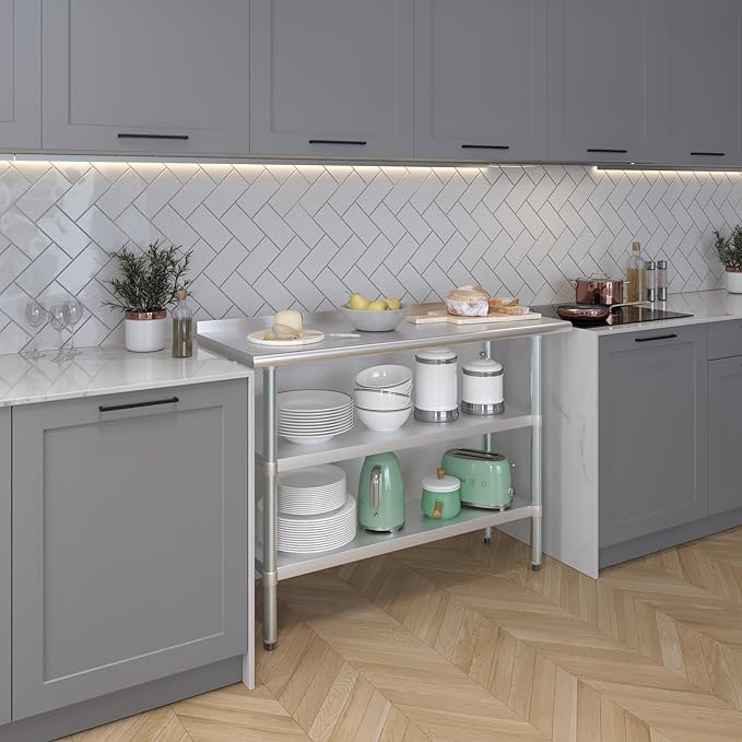 AmGood Stainless Steel Work Table with 1.5" Backsplash and 2 Shelves | NSF (48" Long x 18" Deep)