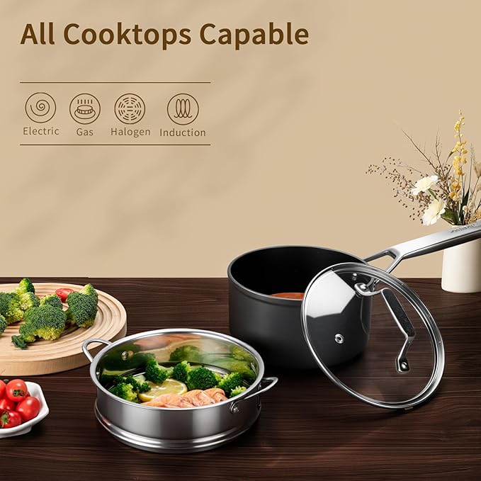 MSMK 2.5 Quart Saucepan with lid, Small Saucepan with Steamer Non stick, Induction, Scratch-resistant, Small Cooking Pot