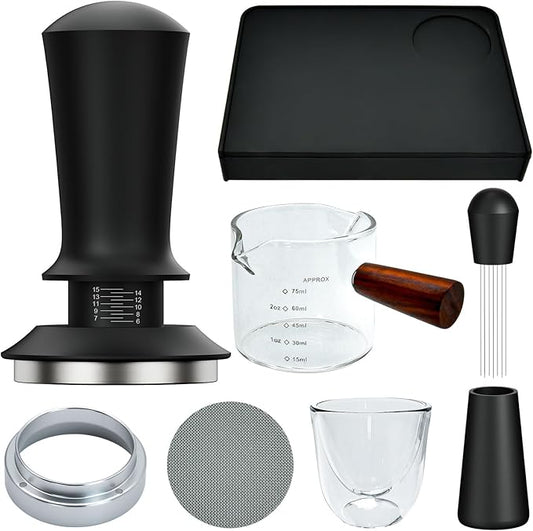 7 Pcs 53mm Espresso Accessories Kit, Spring Loaded Calibrated Tamper, WDT Tool, Coffee Measuring & Espresso Cup and Tamper Mat, Puck Screenr & Dosing Funnel, Fit 53mm Espresso Machine Accessories