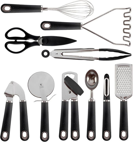COOK WITH COLOR Kitchen Gadget Set Stainless Steel Utensils with Soft Touch Handles, 7 Pieces, Stainless Steel Black