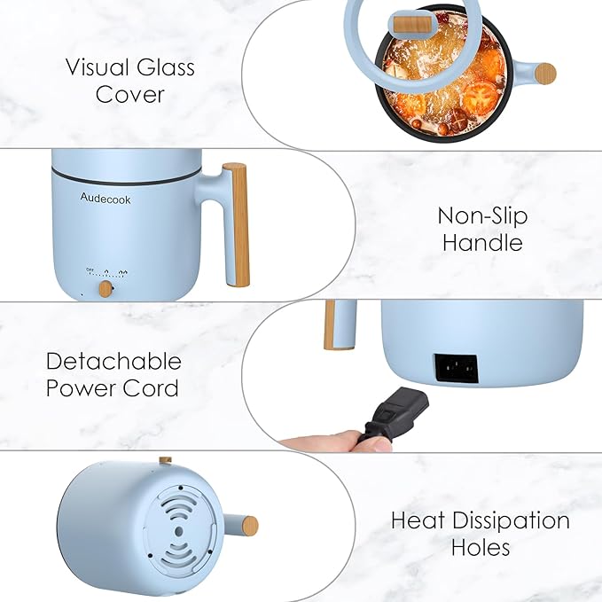 Audecook Hot Pot Electric with Steamer, 1.8L Portable Mini Travel Cooker, Multifunctional Non-Stick Electric Skillet for Stir Fry/Stew/Steam, Perfect for Ramen Noodles/Pasta/Egg/Soup/Oatmeal(Blue)