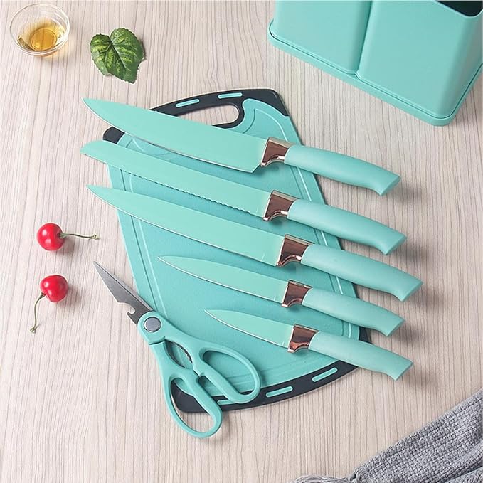 19 Pieces Kitchen Utensils and Knife Set with Block, Inldued 9 Pieces Silicone Cooking Utensils Set 5 Pieces Sharp Stainless Steel Chef Knives Scissors Whisk Tongs and Cutting Board (TEAL)