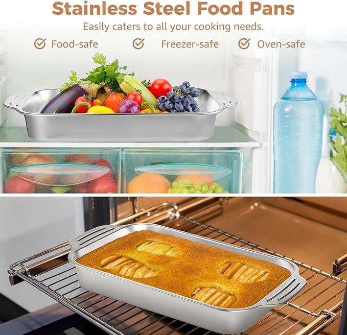 2 Pcs Stainless Steel Cake Pans, 9x13 Rectangular Baking Pans with Silicone Brush & Spatula, Cake Baking Trays with Double Handle, Rectangle Baking Bakeware for Breads, Meats (Without lid)