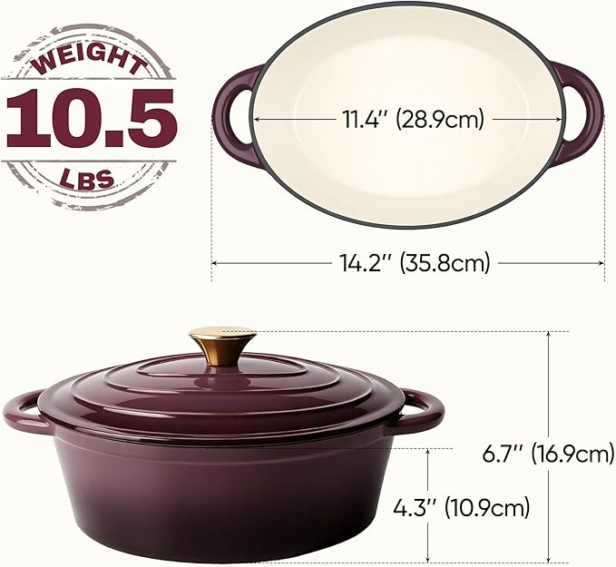 Oval Dutch Oven for Bread Baking, 4.5 Quart Non Stick Enameled Cast Iron Dutch Oven Pot with Lid, Oven Safe Oval Casserole with Lid up to 500°F for Baking, Braising, Stews, Roasting, Fig