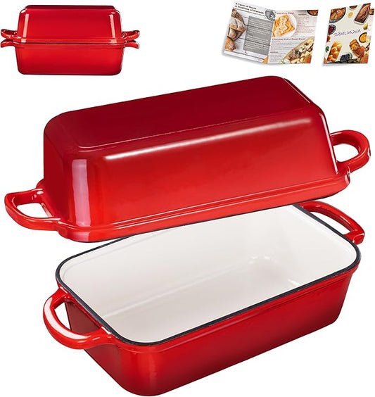 GRMImosa 2 in 1 Cast Iron Loaf Pan wiht Lid, Bread Loaf Pans for Baking Bread 9x5, Sourdough Bread Baking Pan for Homemade Bread, Meatloaf, Cherry