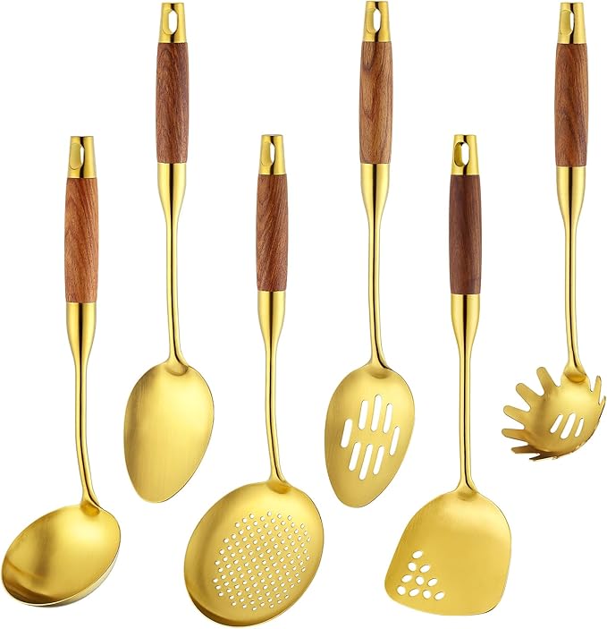 Stainless Steel Kitchen Utensils Set with Wood Handle, 18/10 Metal Cooking Utensils Set, 6-Piece - Spatula, Spoon, Ladle, Skimmer, Slotted Spoon, Pasta