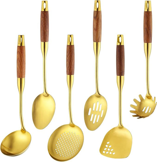 Stainless Steel Kitchen Utensils Set with Wood Handle, 18/10 Metal Cooking Utensils Set, 6-Piece - Spatula, Spoon, Ladle, Skimmer, Slotted Spoon, Pasta