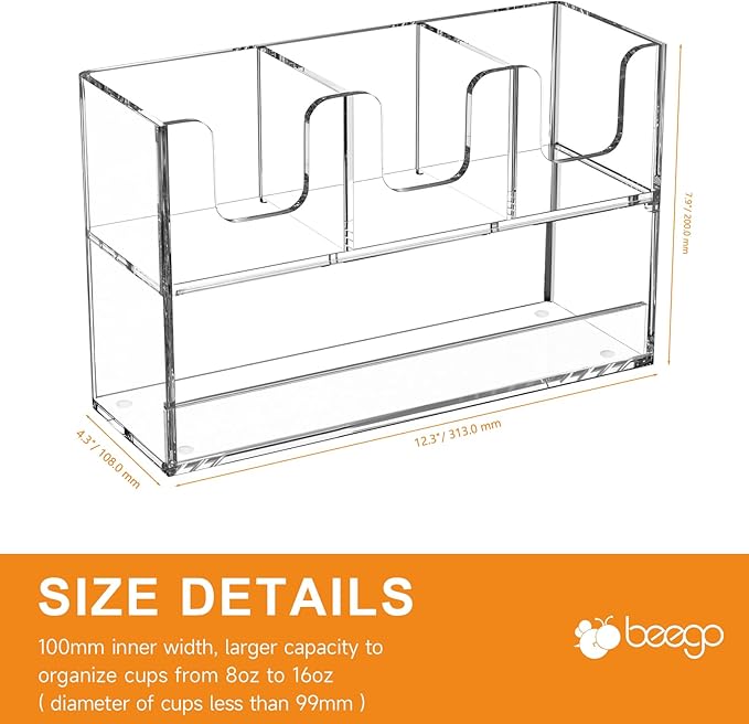 Beego 4-Compartment Cup Holder for Countertop - 2-Tier Clear Acrylic Cup Dispenser Coffee Station Paper Cup and Lid Organizer Condiment Storage for Restaurant Breakroom Kitchen Bar Accessories