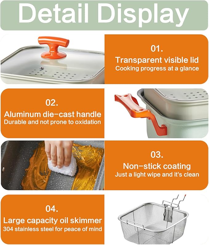 Deep Fryer & Steamer Pot - Nonstick Maifan Stone Coating, Fry, Steam, Sauté & Braise, Easy-Clean, 4.5L/152oz Capacity with Glass Lid, Metal Steamer Rack, and Stainless Steel Fry Basket