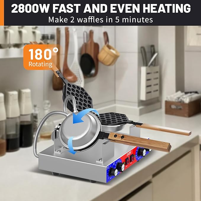 Bubble Waffle Maker - Commercial Egg Waffle Maker w/Two Non-stick Baking Pans, Temperature and Timers, 2800W Professional Bubble Waffle Machine for Double Baking, Hong Kong Egg Waffle Iron