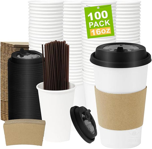 100 Pack 16 oz Disposable Coffee Cups with Lids and Sleeves, To Go Coffee Cups with Lids, Leak-Proof Hot Coffee Cups, PLA White Paper Coffee Cups for Hot Beverage