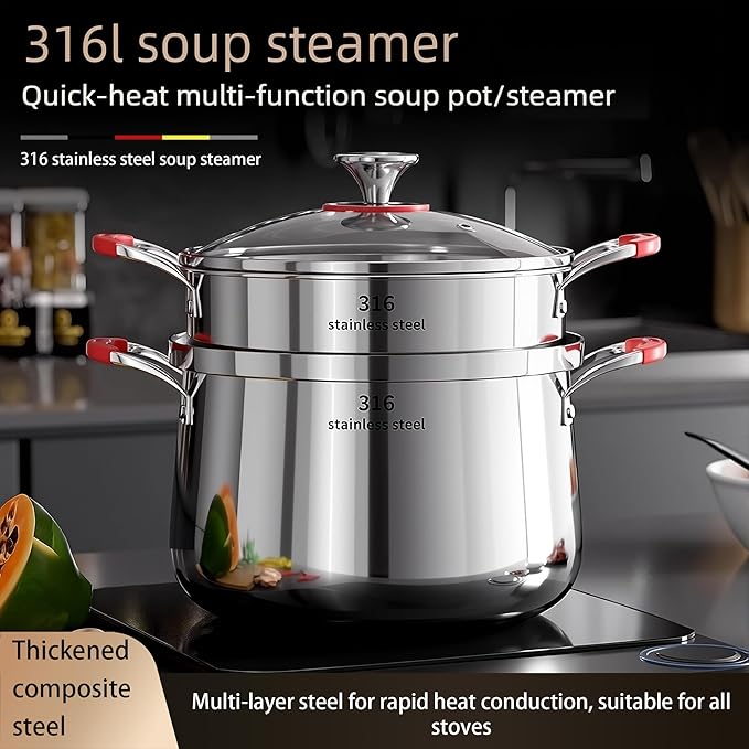 5 Qt Stainless Steel Stock Stew Pot with Steamer Insert and Glass Lid, 316 Thickened Clad for Fast Even Heating, Compatible with Gas Induction Ceramic Electric Halogen Stoves (2 Tier, 22cm)