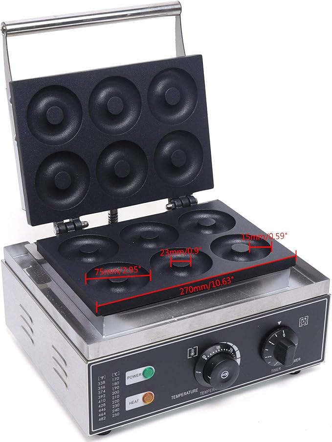 Commercial Waffle Donut Machine, 110V 1550W 6 Holes Double-Sided Non-stick Electric Doughnut Maker, Non-stick Donut MakerTeflon-Coating for Professional Kitchen