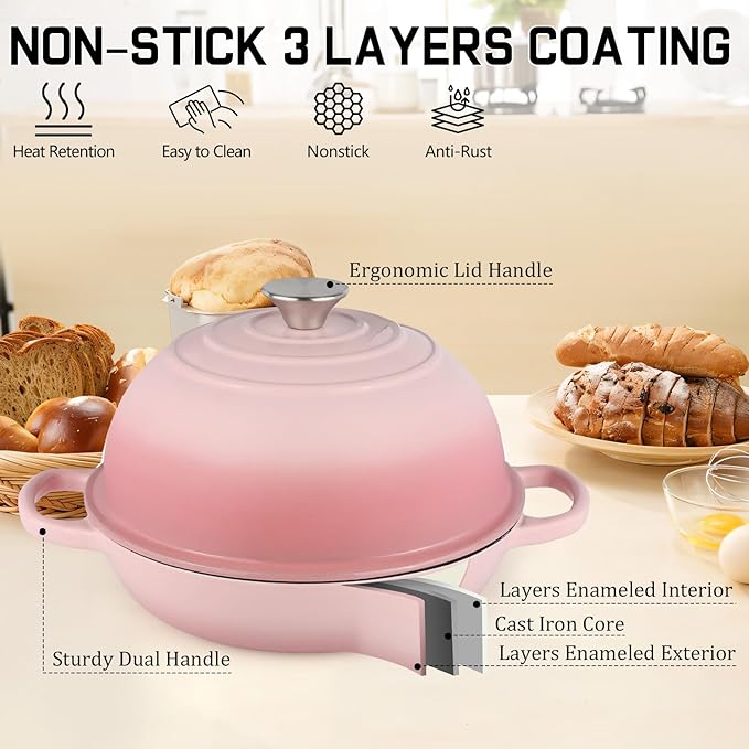 Enameled Cast Iron Bread Oven, Dutch Oven Pot with Lid & Cotton Potholder, 10" Bread Dutch Oven for Bread Baking, 6 Quarts Bread Pan with Dome Lid, Non-stick Cookware for Homemade Bread, Pink