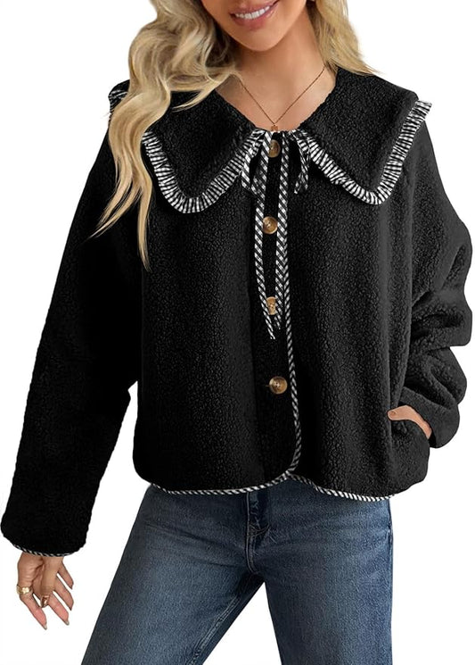 Tankaneo Womens Fuzzy Fleece Jacket Peter Pan Collar Button Down Fall Winter Sherpa Coats Colorblock Cute Warm Outerwear