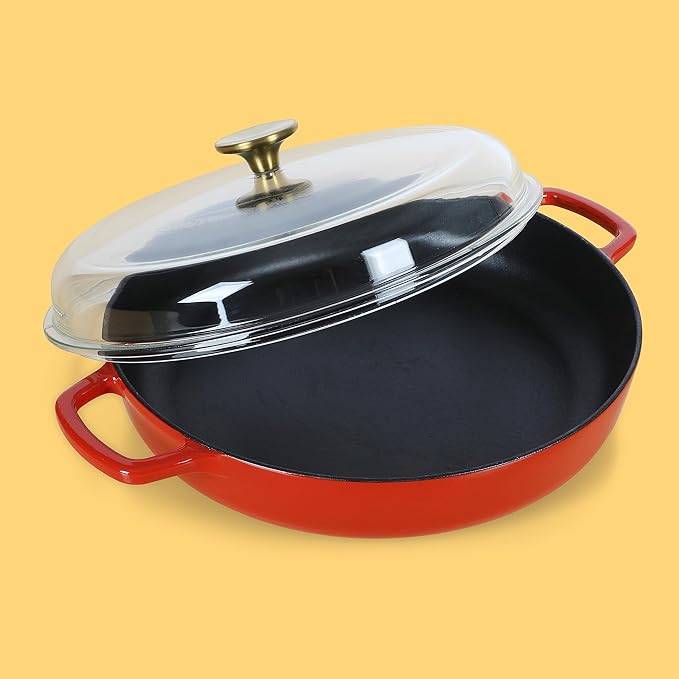 Sur La Table Kitchen Essentials Supper Club 3.75 Quart Enamel Cast Iron All In One Multi-Purpose Non-Toxic Nonstick Braiser Pan W/Borosilicate Glass Lid - Red