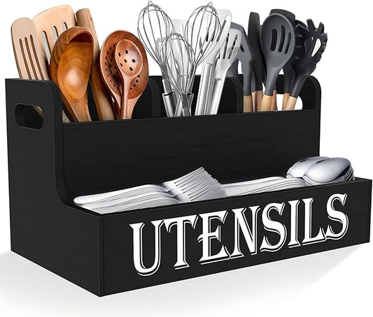 Suli Kitchen Utensils Holder, White Wooden Utensil Organizer for Kitchen Countertop, Farmhouse Utensil Storage, Rustic Cooking Utensils ,4 Compartments,- Black