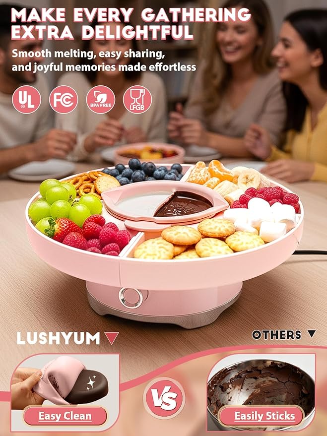 Chocolate Fondue Pot Set Electric Melting Machine, 4-Cup Capacity 4 Trays 5 Forks 1 Spatula Cheese Warmer, Ideal Gift for Couple Family & Date Night Idea House Warming Holidays Essentials