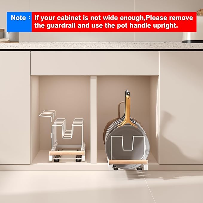 Pull Out Pots and Pans Organizer Under Cabinet, 22" Deep Expandable Pot Lid Organizer and Storage with 10 Adjustable Dividers Adhesive Pot and Pan Holder Rack with Handle Bracket(1 Pack,White)