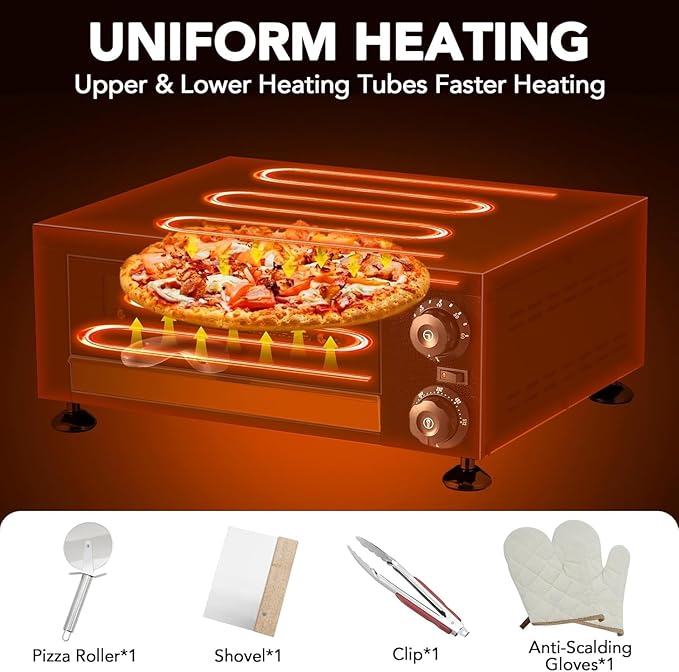 Heavy-Duty 12" Commercial Pizza Oven with visual Window，1100W Stainless Steel Chamber & Timer for Fast Food, Catering, Mall Kiosk，Countertop Electric Baking System