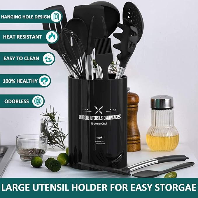 Silicone Cooking Utensil Set, Umite Chef 15pcs Silicone Cooking Kitchen Utensils Set, Non-stick - Best Kitchen Cookware with Stainless Steel Handle - Black Kitchen Utensils
