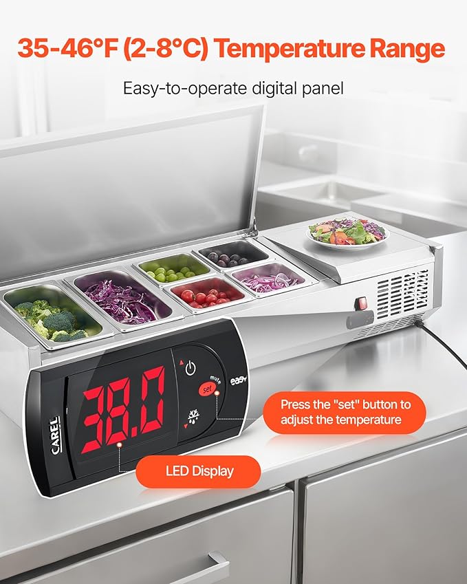 VEVOR Refrigerated Condiment Prep Station, 130 W Countertop Refrigerated Condiment Station, with Two 1/3 Pans & Four 1/6 Pans, 304 Stainless Body and PC Lid, Sandwich Prep Table with Stainless Guard
