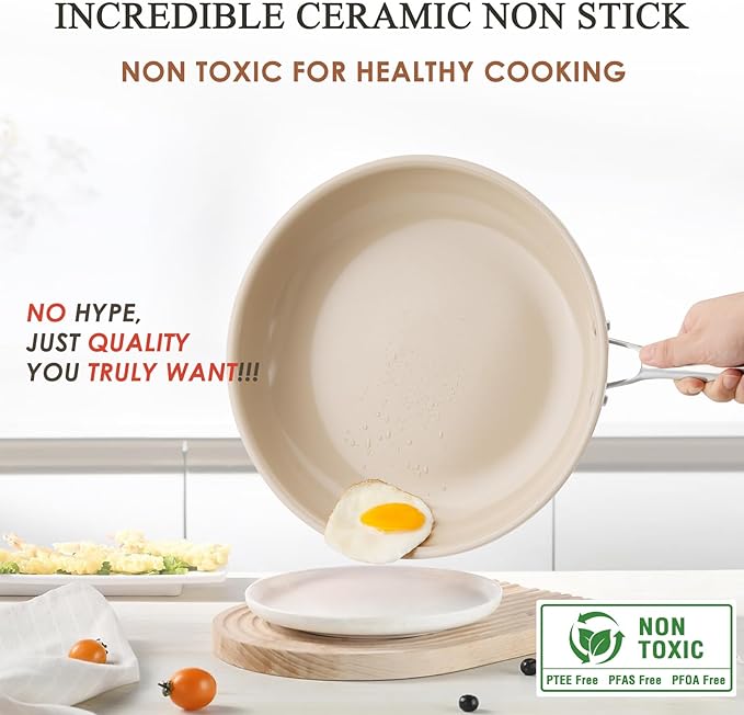 Kikcoin Ceramic Nonstick Frying Pans Set, Healthy Non Toix Pans for Cooking, 8" 9.5" 11" Ceramic Frying Pans and Skillet with Stay Cool Handle, Dishwasher/Oven Safe, PFAS & PTFE & PFOA Free