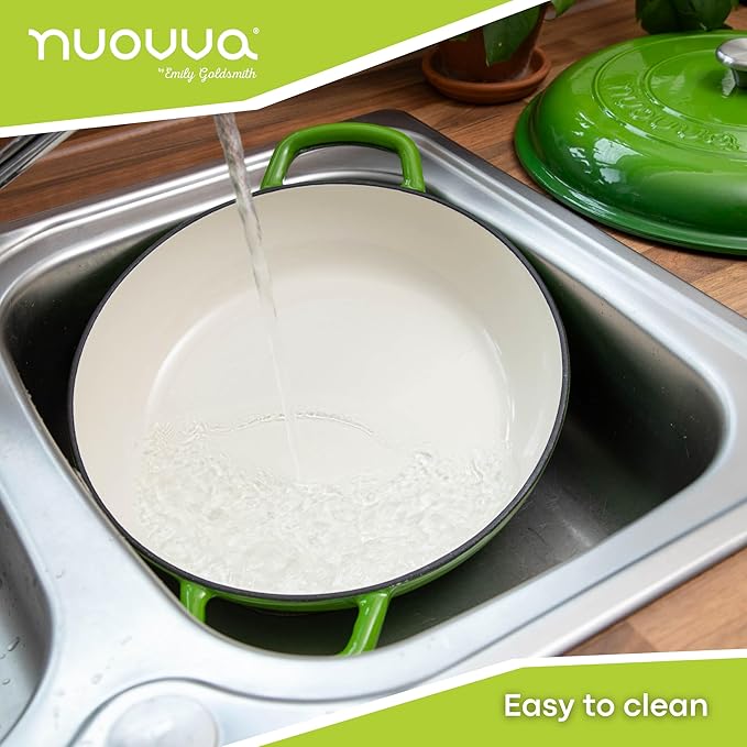 Shallow Cast Iron Casserole with Lid – Non Stick Dutch Oven Pot, Oven Safe up to 500° F – Sturdy Ovenproof Stockpot Cookware – Enamelled Cooking Pot – Green, 5-Quart, 32cm – by Nuovva