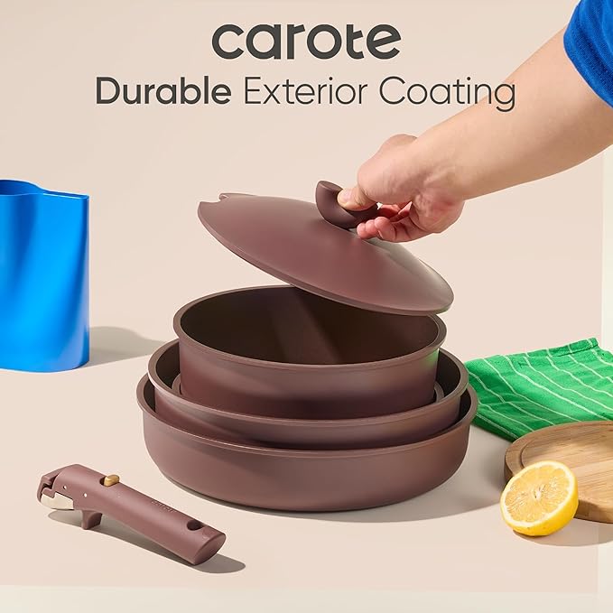 CAROTE 17pcs Pots and Pans Set Non Stick, Gift Set Nonstick Cookware Die-cast Aluminum Detachable Handle, Dishwasher/Oven Safe, Induction Cooking Pot and Pan Sets, Coffee, RV Kitchen Cookwares