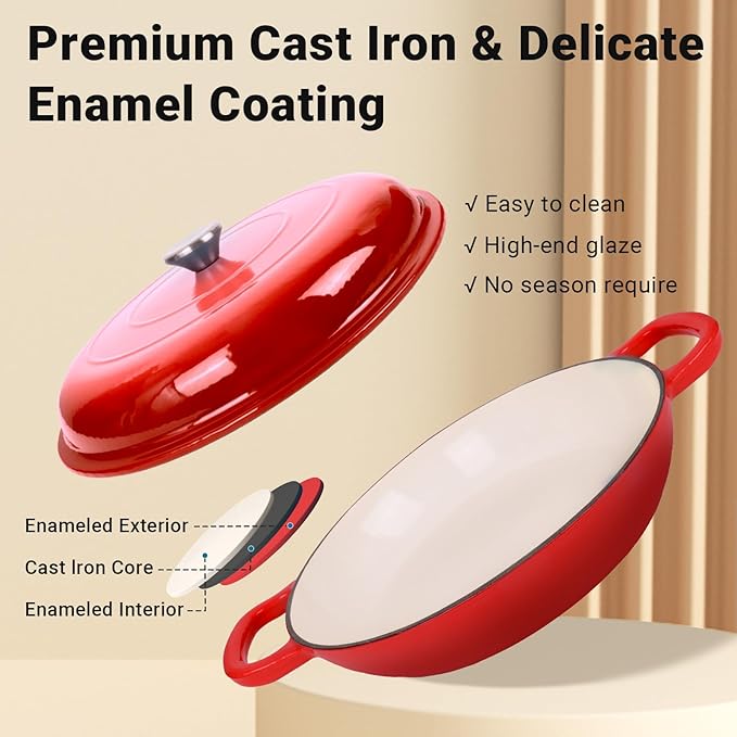 Enameled Cast Iron Dutch Oven, 3.8 Quart Dutch Oven Pot with Lid, Non Stick Cast Iron Pot, Round Oven Safe up to 500°F, Use for Marinate, Cook, Bake and Serve – Gradient Red