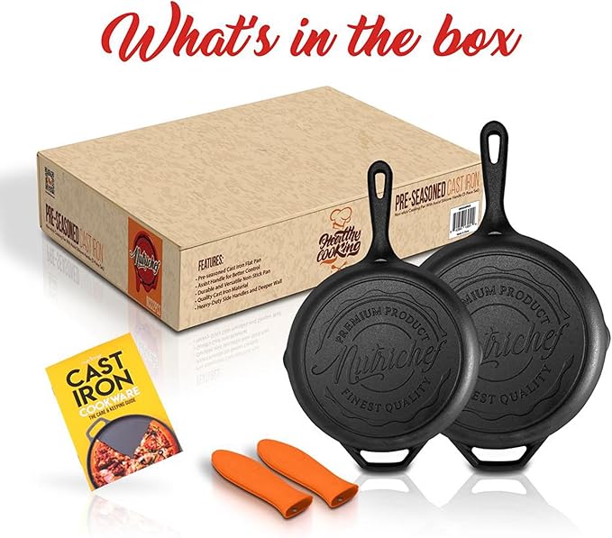 NutriChef 10" & 12" Pre-Seasoned Cast Iron Pans - Durable Nonstick Skillets, Cool-Touch Silicone Handle, For Oven, Grill & All Stovetops