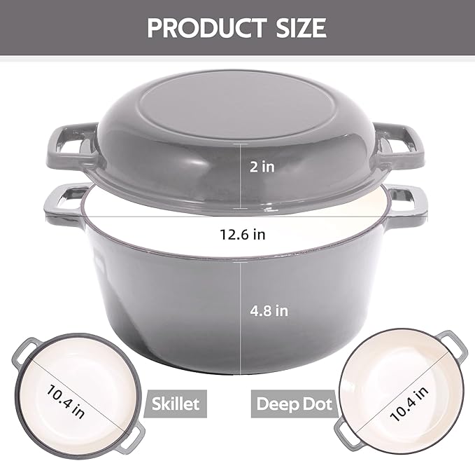 2 in 1 Enameled Cast Iron Dutch Oven Pot 6QT with 2QT Lid - Big Dual Handles - Oven Safe up to 500°F - Classic Round Pot for Versatile Cooking Grey